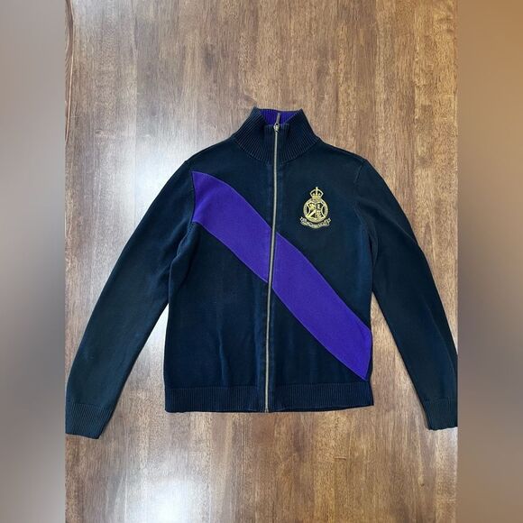 VINTAGE LAUREN RALPH LAUREN PURPLE  BLACK FULL ZIP SWEATER GOLD CREST Sz M - Picture 10 of 10